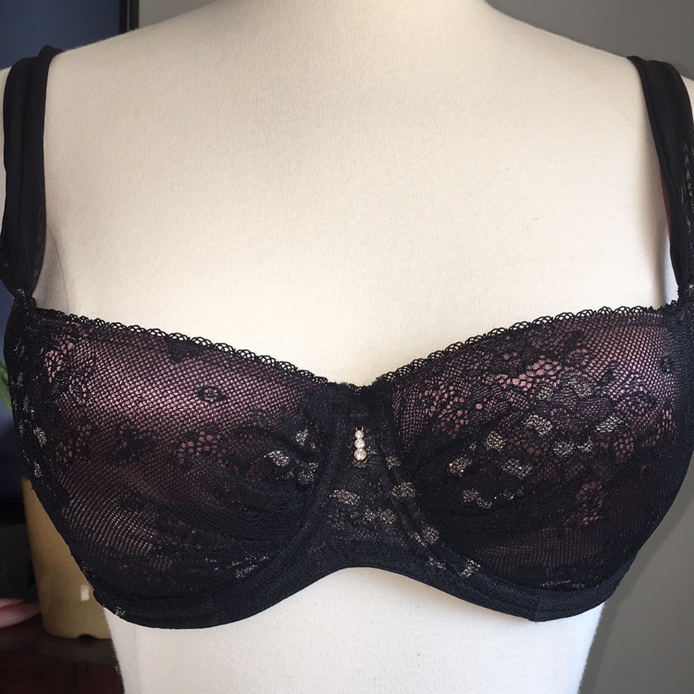 Black and pink lace bra with gold details